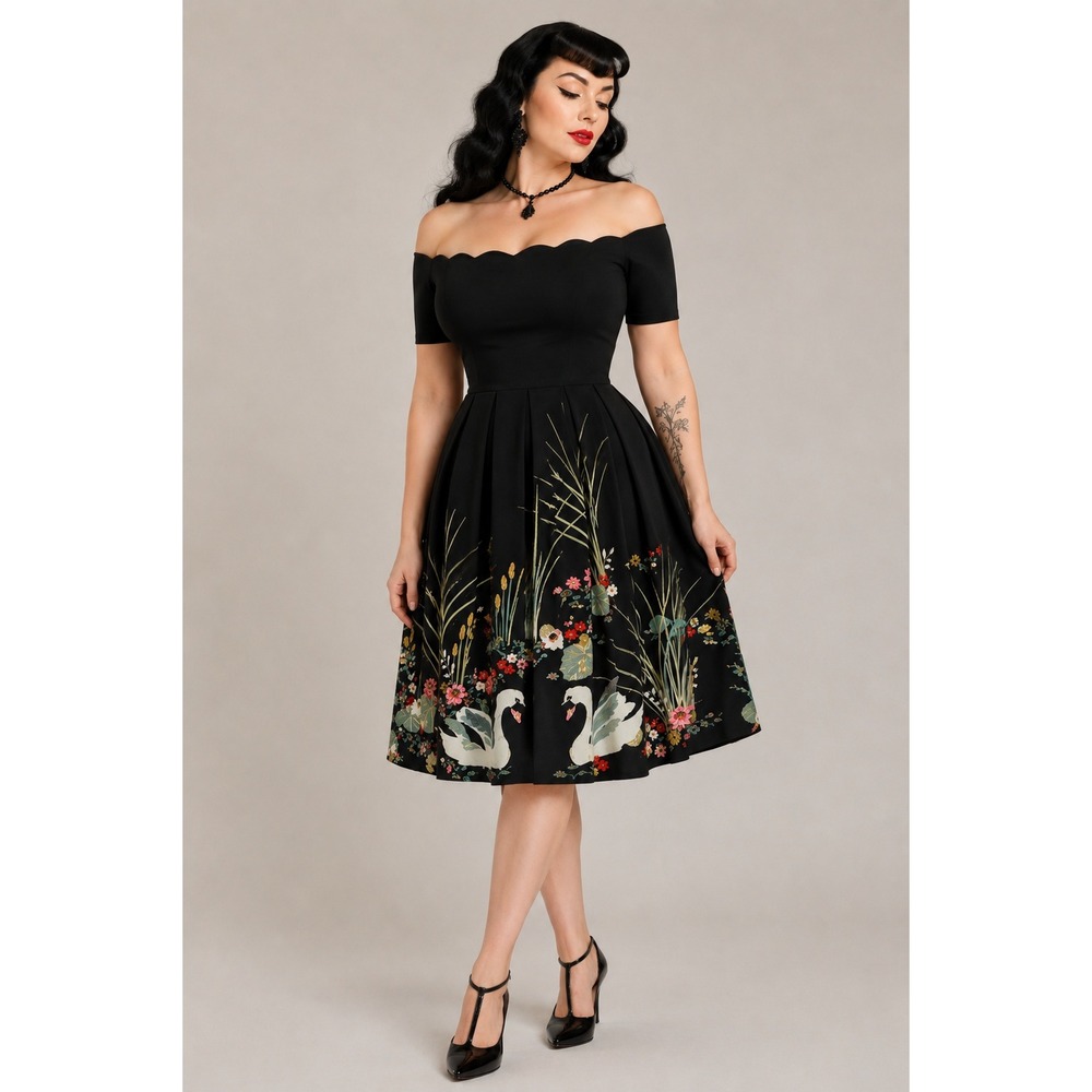 Belle Poque Swan Floral Dress L Black Scalloped Off-Shoulder Retro 50s Whimsical